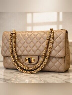 Badgely Mischka Diamond Quilted Taupe Shoulder Bag with Gold Chain Detail